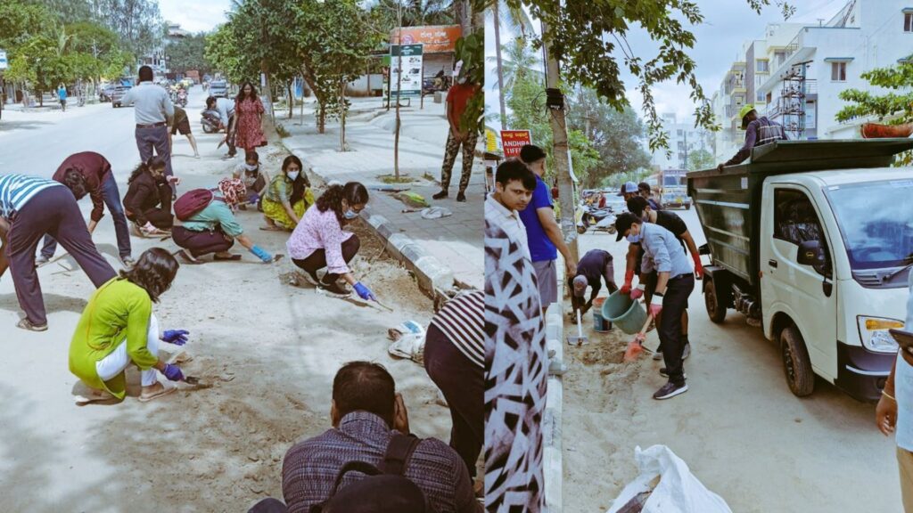 Residents of Bengaluru clean road